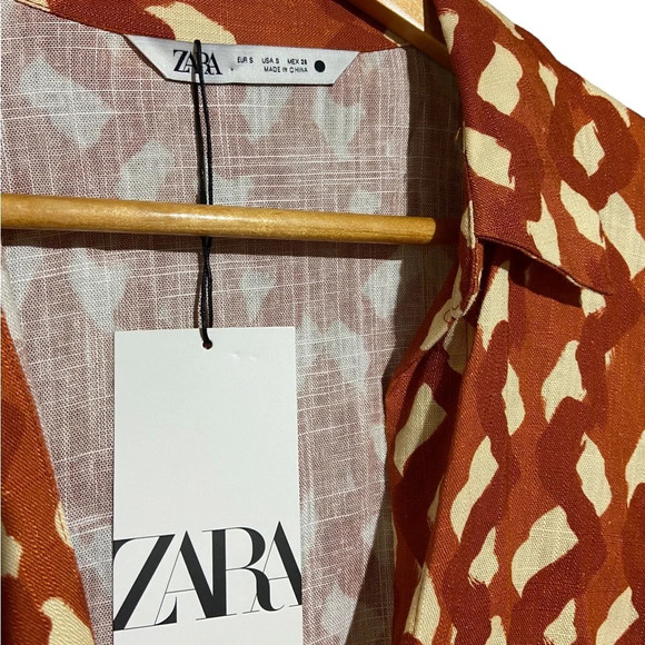 NWT ZARA Linen Blend Terracotta Top Size Small Rust/Orange Printed Beaded - Picture 6 of 6